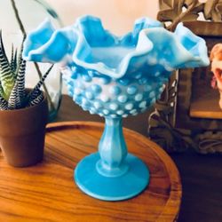 Vintage Blue Hobnail Milk Glass Dish