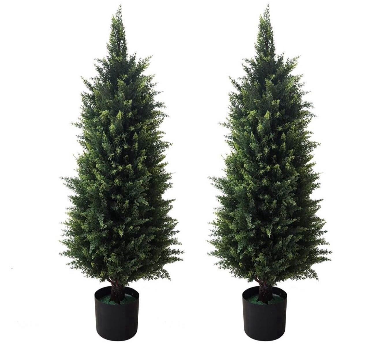 2 Pack 37 Inch Artificial Cedar Topiary Trees for Outdoor Front Porch Décor - UV Rated Fake Plants for Indoor and Outdoor Use, Potted Shr