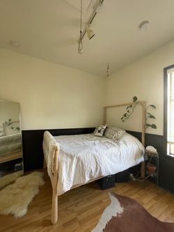 Scandinavian style wood full size bed frame and/or mattress (IKEA)