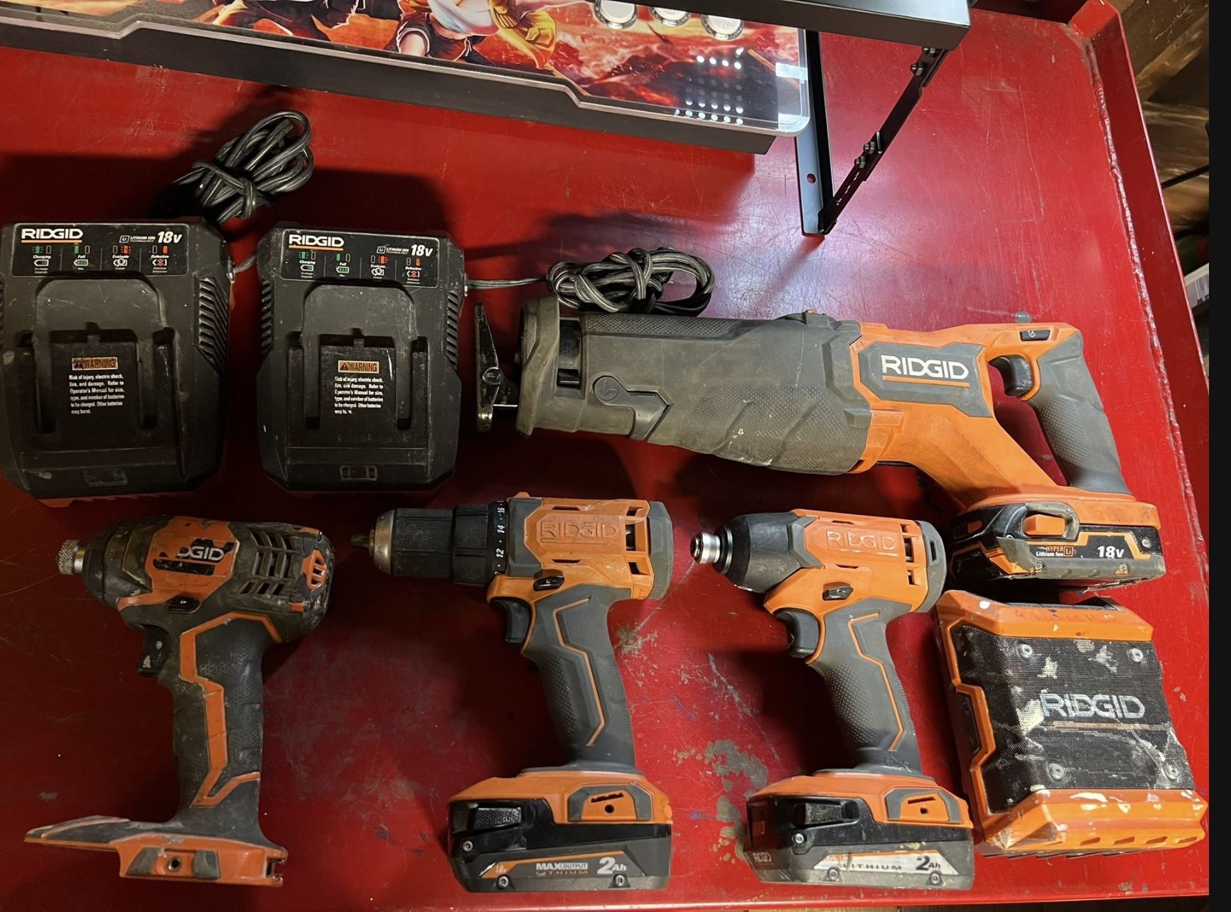 RIDGID Tools Impact Screwdriver 2 And Impact Drill And Brushless  Reciprocating Saw.and Mini Bluetooth Radio with Radio And Battery 3 And Charger 2
