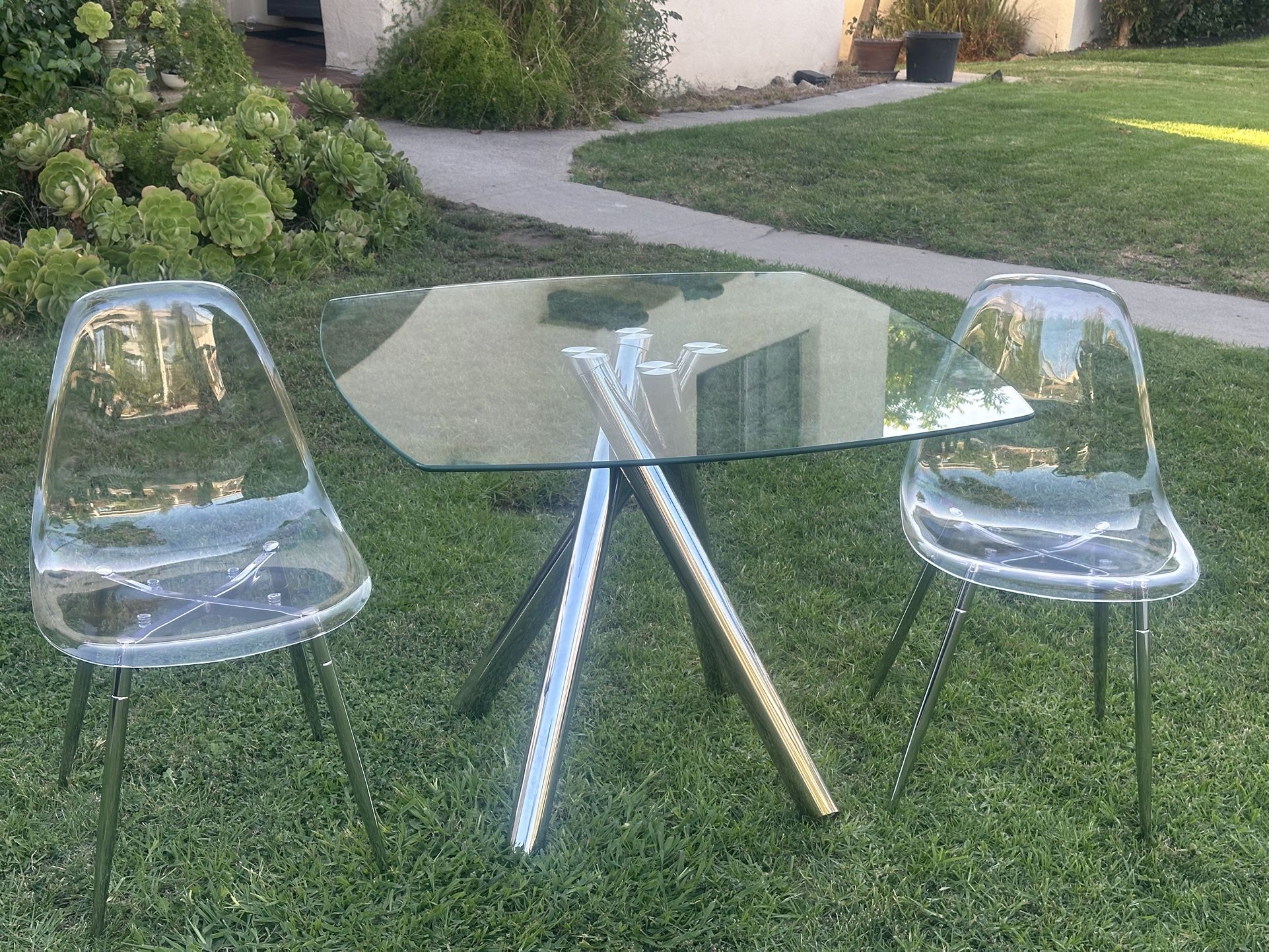 Chrome Glass Dining Table with 2 Acrylic Chairs $327.00 Like New