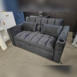 Black velvet loveseat pullout sofa bed sleeper couch with cup holders
