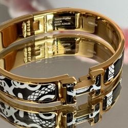 H Black White Enamel Gold Bangle Bracelet 