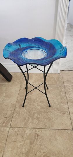 Blue Glass Bird Bath with Metal Stand