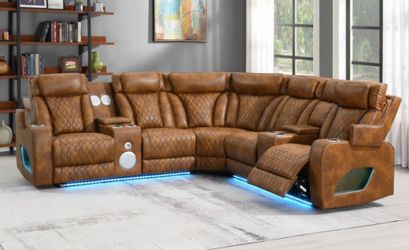 Brand New Brown Leather Massage Power Reclining Sectional Sofa w LED Lights & Bluetooth Speaker
