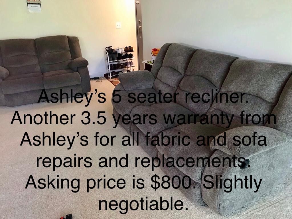 Ashley's 5 seater recliner sofa set with 3 years Ashley's warranty still available