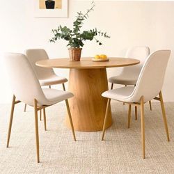Beige Linen Dining Chair with Oak Metal Legs (Set of 4)