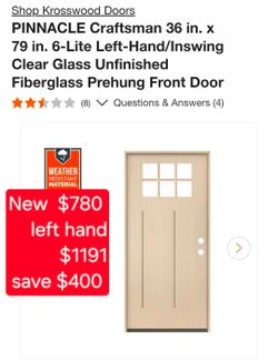 🥇 Krosswood Doors PINNACLE Craftsman 36 in. x 79 in. 6-Lite Left-Hand/Inswing Clear Glass Unfinished Fiberglass Prehung Front Door #7931