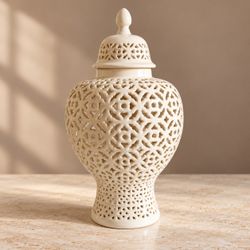 Cream Ceramic Reticulated Ginger Jar with Lid
