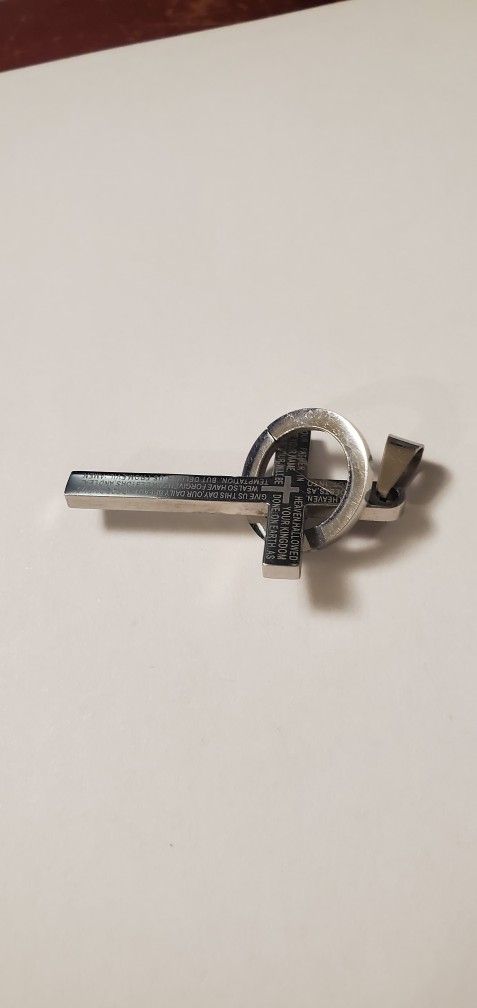 Silver tone prayer cross with ring pendant