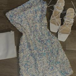 White Multicolor Sequence One Strap BodyCon Dress🤩 Heels And Purse Are Available For Sale