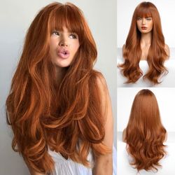 HAIRCUBE Auburn Wig with Bangs for Women Auburn Long Wavy Hair Wig