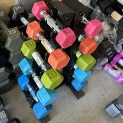 Pair of 3,5,8,10,12lb rubber dumbbells with rack 