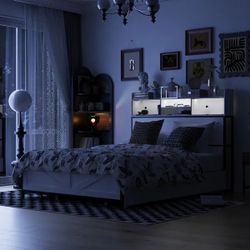 White Bed Frame with Sliding - drawer and Adjustable Ambient Lighting Headboard