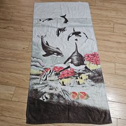 Vintage 90s JC Penney Killer Whales Ocean Life Beach Bath Towel Black White Colorful 54" L x 28" W - *FLAWS