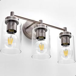 3-Light Brushed Nickel Bathroom Vanity Light, Farmhouse Wall Sconce,17.32",clear glass