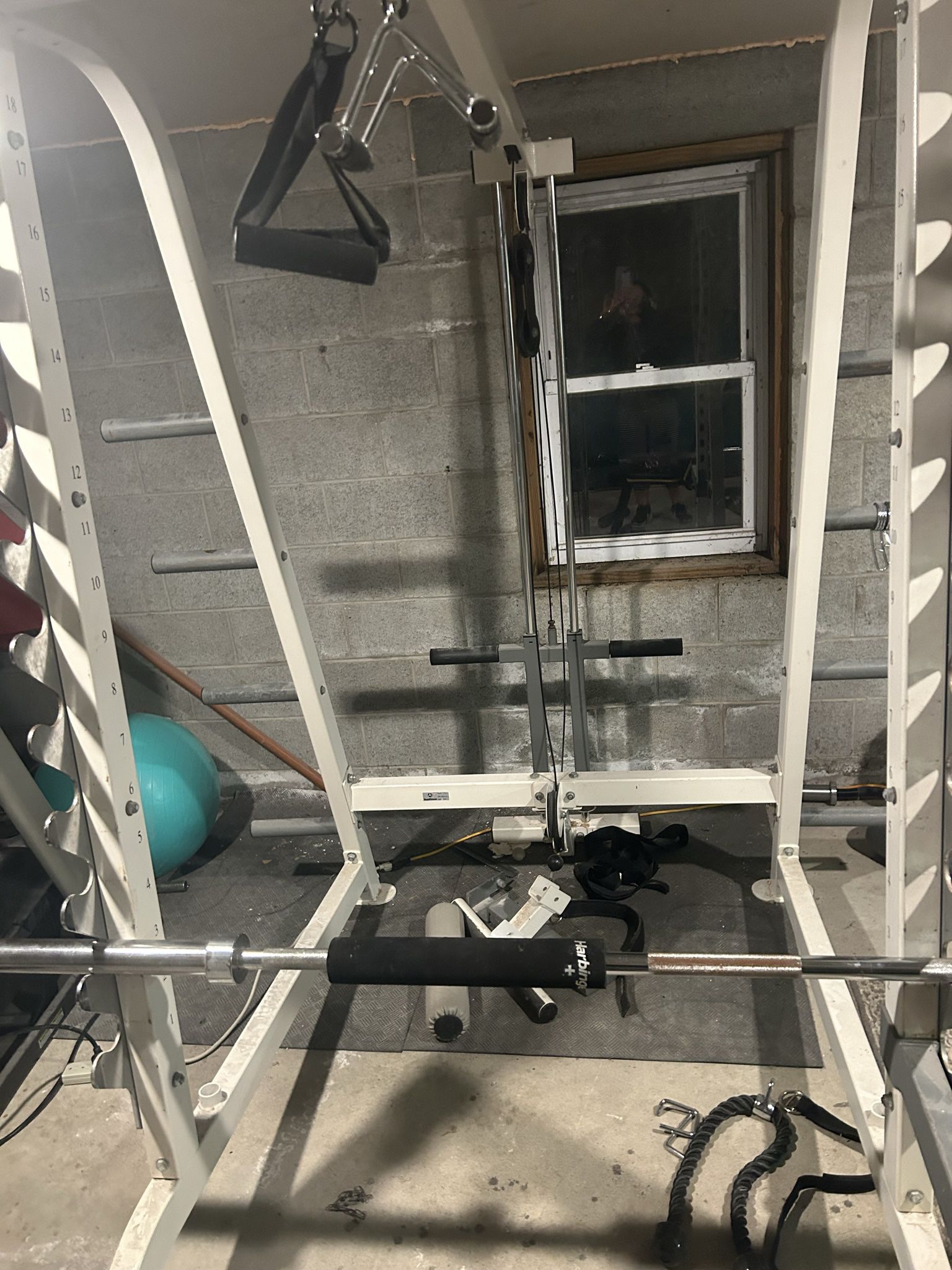 Squat Rack, Bar, Bench, And Weights 