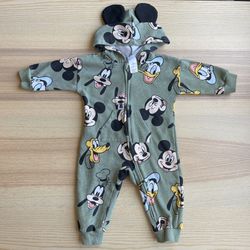 Disney Mickey Mouse Goofy Donald Duck Daisy Fleece Zip Up Coverall Green 12M