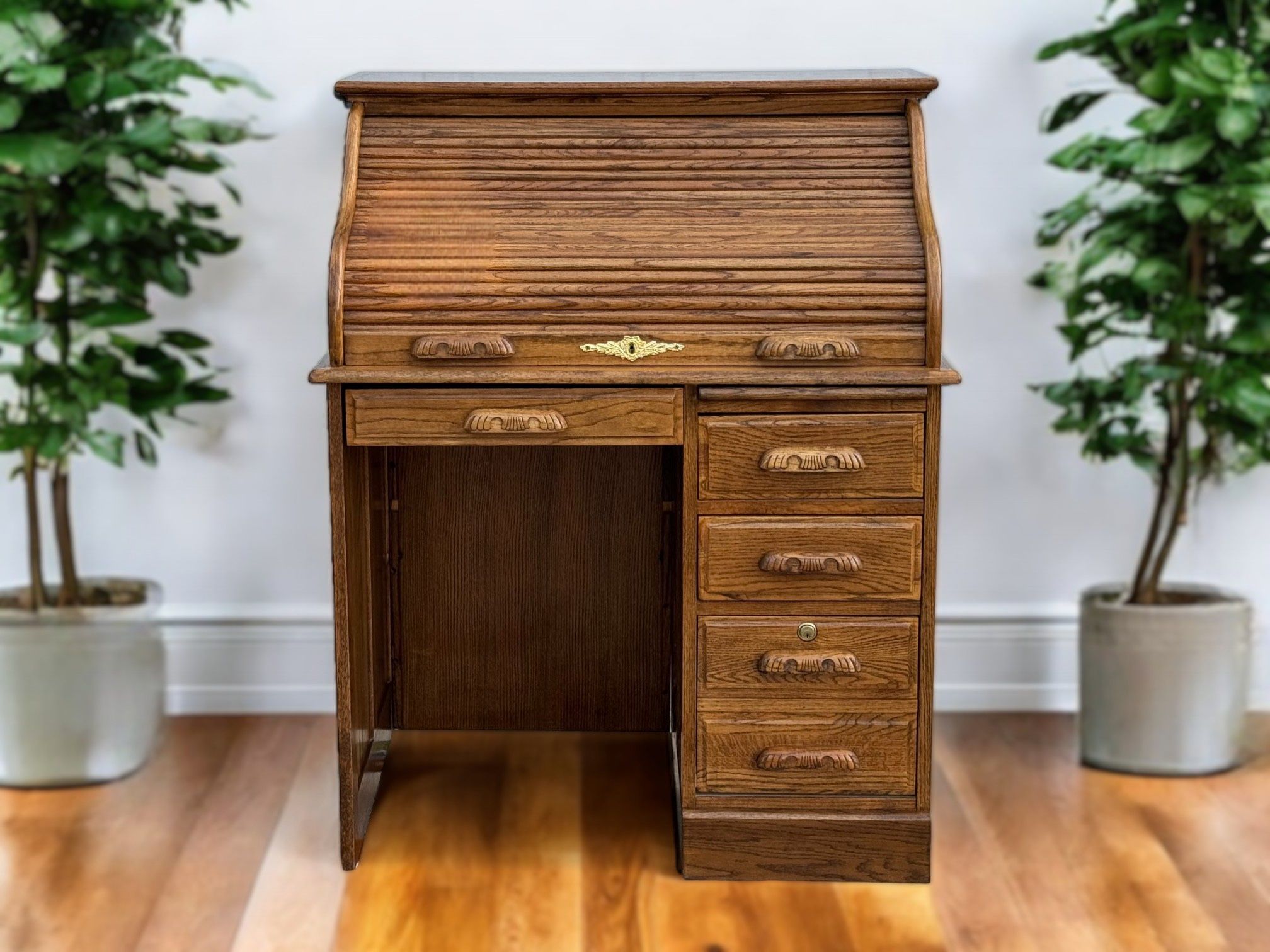 Vintage Brown Roll-Top Secretary Desk