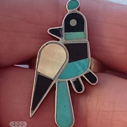 Vtg.Native Sterling Silver Roadrunner Inlaid Turquoise/ Mop/ Onyx Ring- Sz6