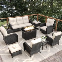 10 Pieces Outdoor Patio Furniture Set with Fire Pit Table, Rattan Wicker Sectional Swivel Rocker Chairs Sets