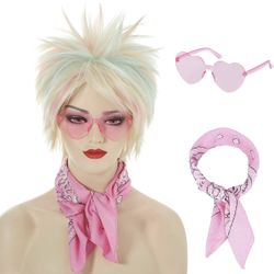 Women’s Short Straight Mixed Color Blonde & Light Pink & Blue Wig with Bandana and Glasses Weird Funny Costume for Halloween Cosplay Party Wigs
