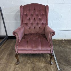 Contemporary Pink Tufted Studded Arm Chair with Wooden Legs