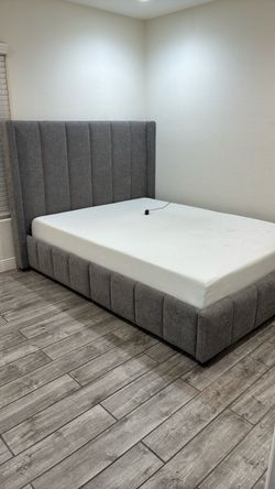 Gray Upholstered Bed Frame with Tall Headboard