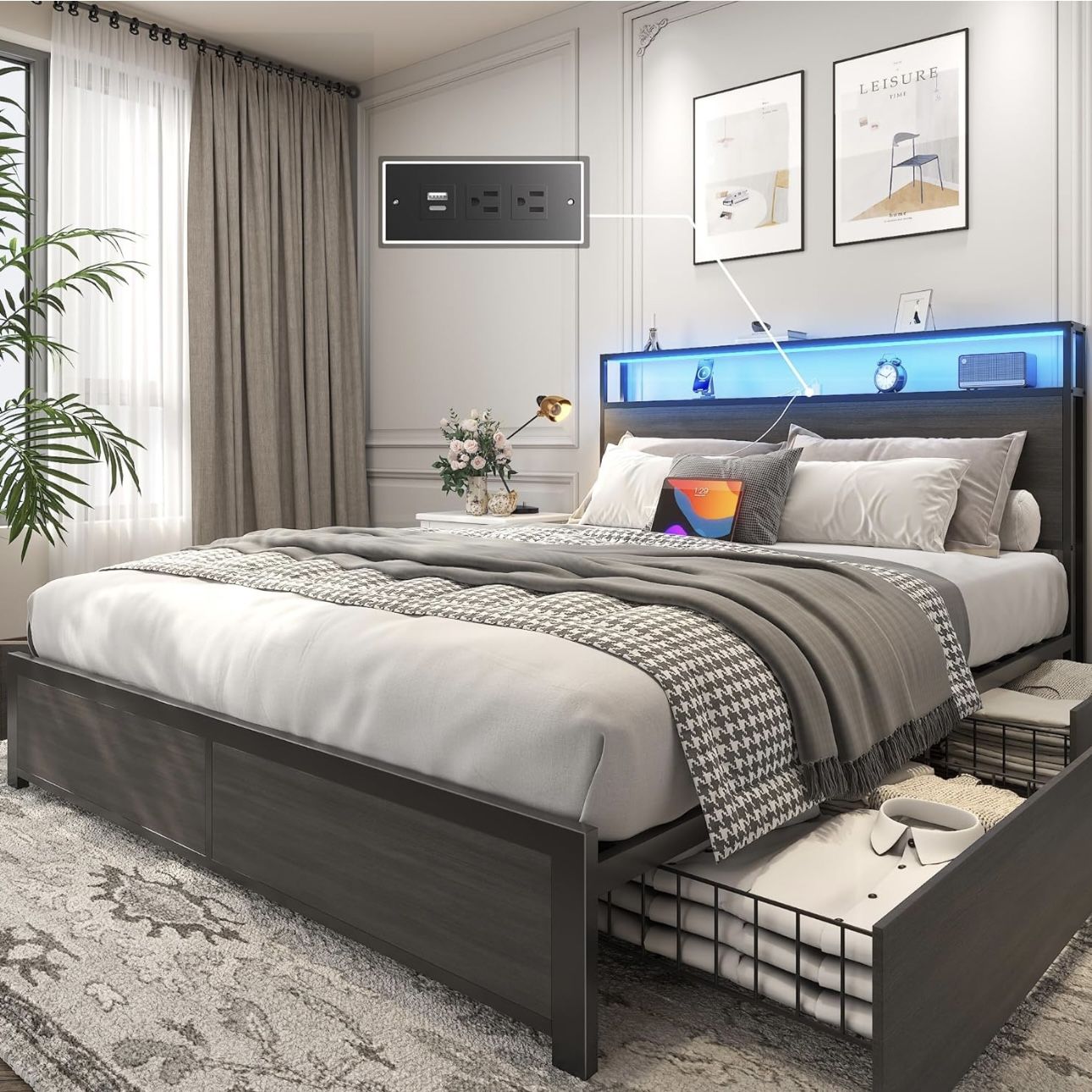 Lifezone Queen Bed Frame with 2-Tier Storage Headboard - Elevate Your Bedroom