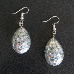 Silver teardrop dangle earrings with holographic and chunky glitter new resin