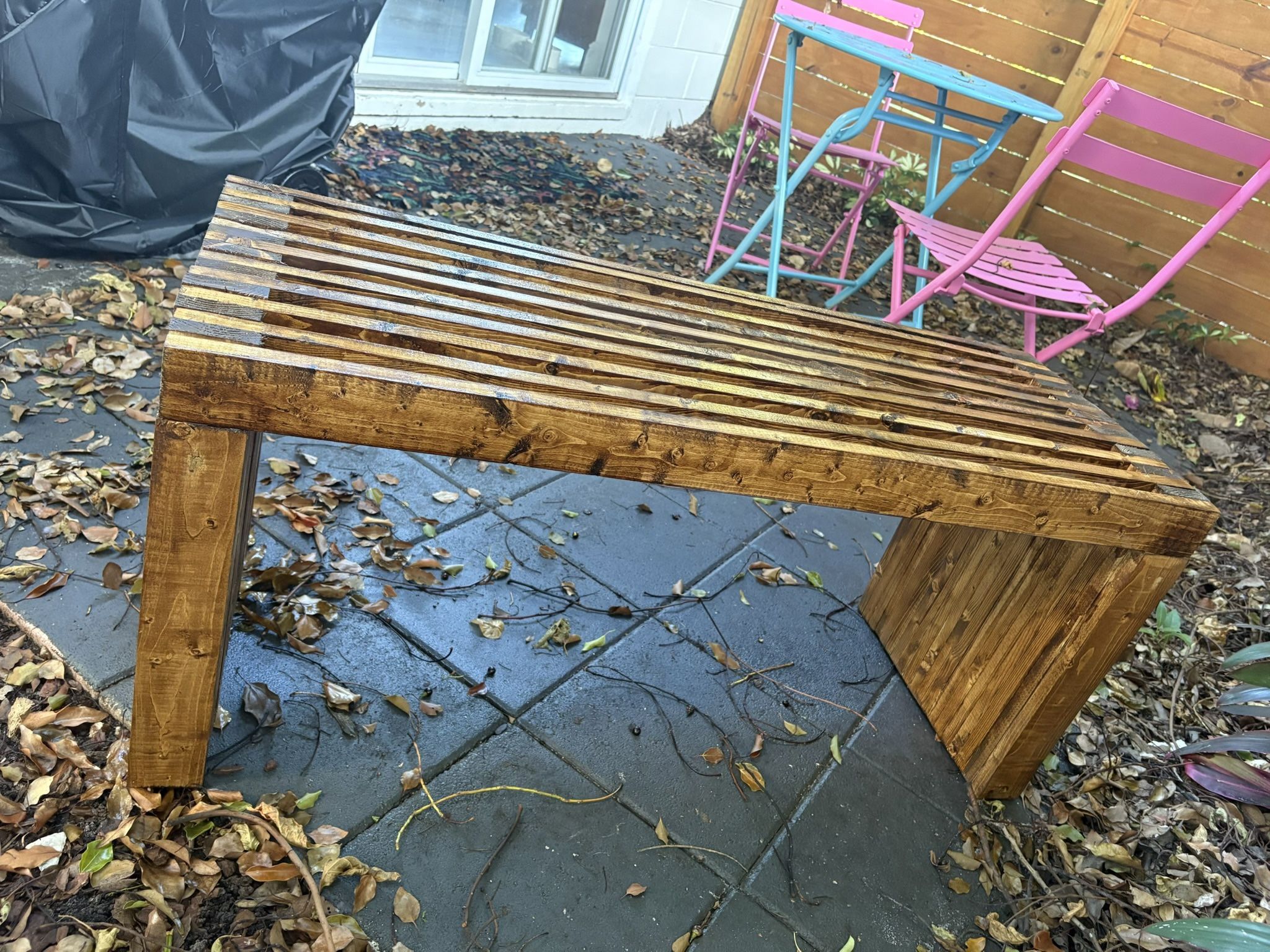 Custom Made Mid-Century Modern Style Slatted Wood Bench – Indoor/Outdoor
