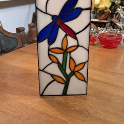 Pier 1 Imports Leaded Stained Glass Dragonfly Votive Candle Holder 