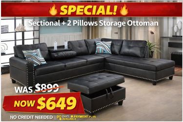 Special sale black faux leather sectional set with pillows and ottoman