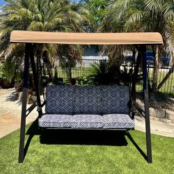 3-Seats Outdoor Canopy Swing in Wine with Cushions and Adjustable Tilt Canopy