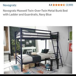 Twin Over Twin Metal Bunk Bed – Navy Litera de metal Twin sobre Twin color azul marino 