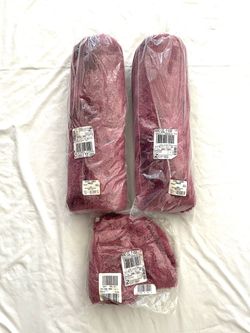 Brand new in the packages, burgundy, color, bathroom, rugs, and matching toilet seat cover