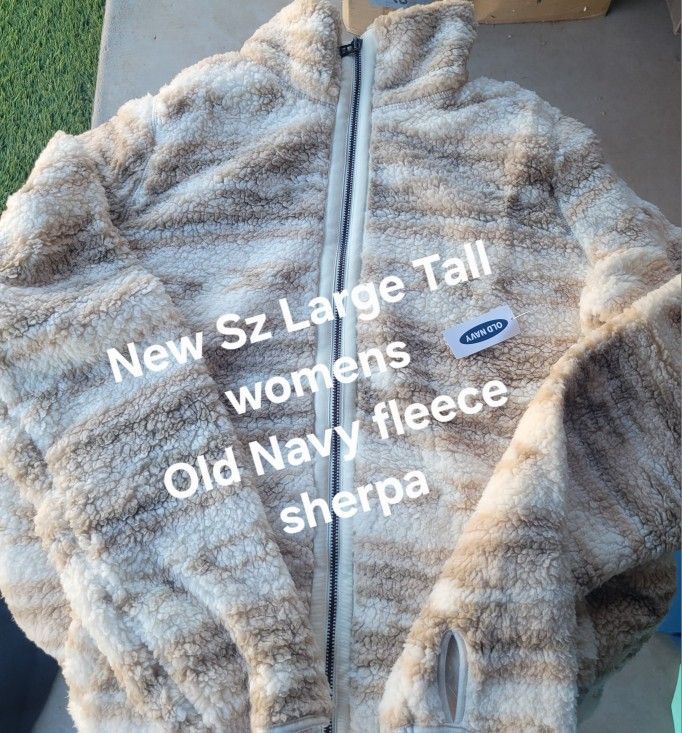 New Womens Size LARGE TALL old Navy Sherpa Zip Front Jacket Brown Beige Nwt L