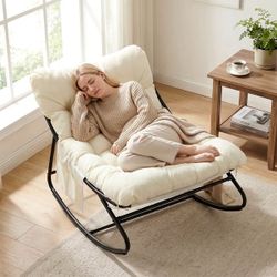 Outdoor Papasan Rocking Chair, Oversized Padded Lounge Rocker with Cushion, Comfy Wicker Egg Lounge Chair, Large Indoor Rocking Recliner for Garden Po