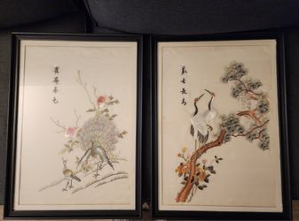 2 Framed Asian Silk Embroidery Art Rare Vintage