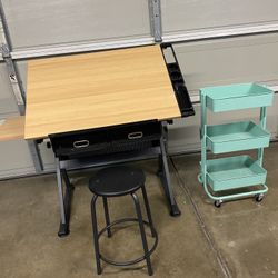 Adjustable art desk, with stool, plus metal tray.