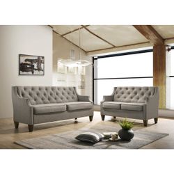 Grey 2-Pieces Luxury Soft Linen Fabric Tufted Buttons High Back Contour Armrest Nailheads Trim Living Room Sofa Set Firm Price $499