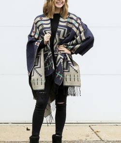 Brown & Teal Geometric Fringe Kimono Brand New