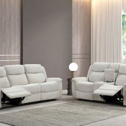 Brand New Super Plush Light Grey Reclining Sofa & Loveseat 