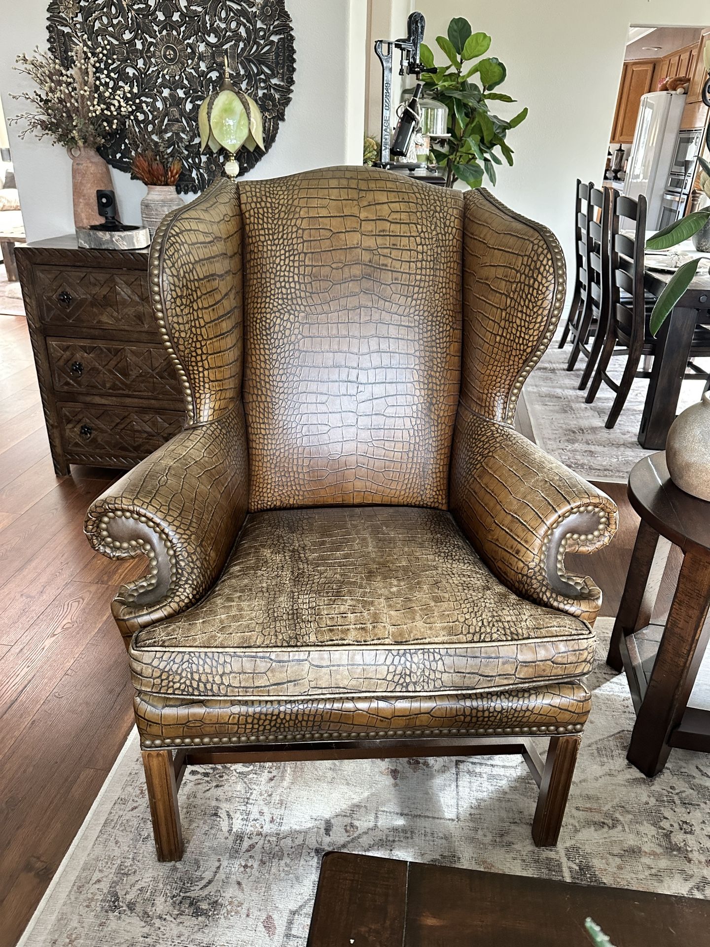 Vintage Alligator Design Leather Wingback Chair