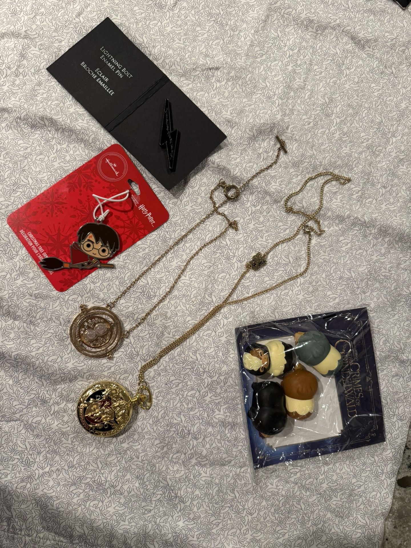 Harry Potter “I Neither can live while the other survives” lightning bolt pin, Hallmark ornament, Time Turner necklace, Gryffindor pocket watch