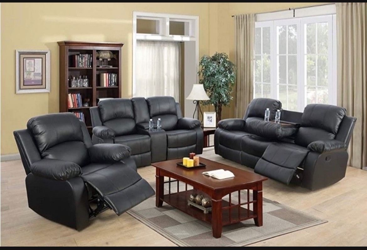 Black Leather Recliner Set Include Sofa, Loveseat And Chair New In Sealed Packaging 