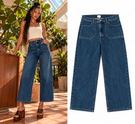Loup NYC Simone Jeans M Dark Indigo High Rise Wide Leg Button Fly Patch Pocket