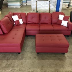 Red Leather Sectional Couch And Ottoman