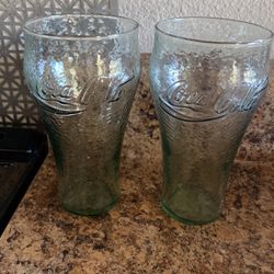 2 Vintage Coca Cola/Coke 16oz Drinking Glasses. Light Green Pebble Glass.