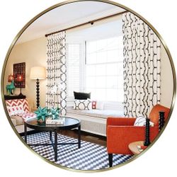 MZON 36 inch Gold Round Mirror, Large Wall Mounted Circle Mirror with Brushed French Gold Metal Frame for Bathroom Vanity, Farmhouse, Entryway Wall De